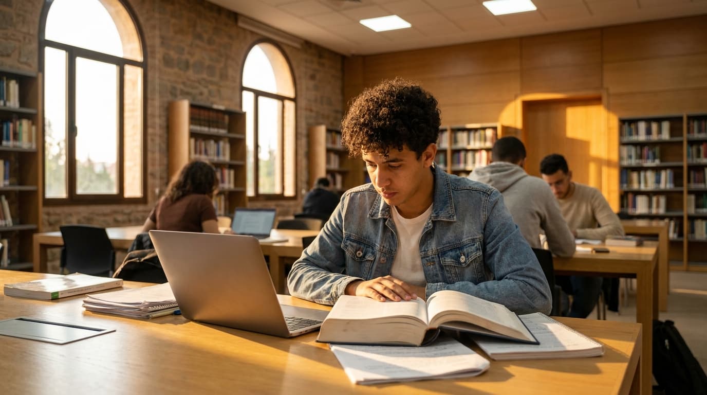 Student studying in library using an AI humanizer for coursework and essays