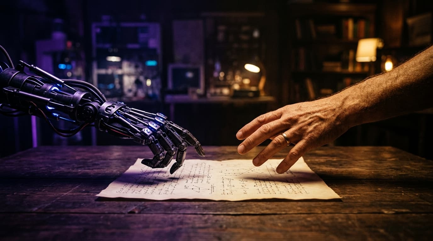 How to humanize AI text, robot hand vs human hand reaching toward a document